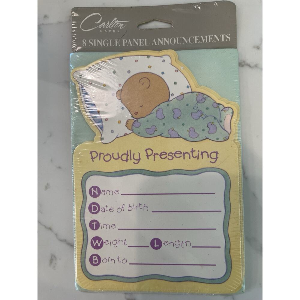 New Sealed VTG Baby Birth Announcements, Cuddly Sleeping Baby Bear W/ Envelopes